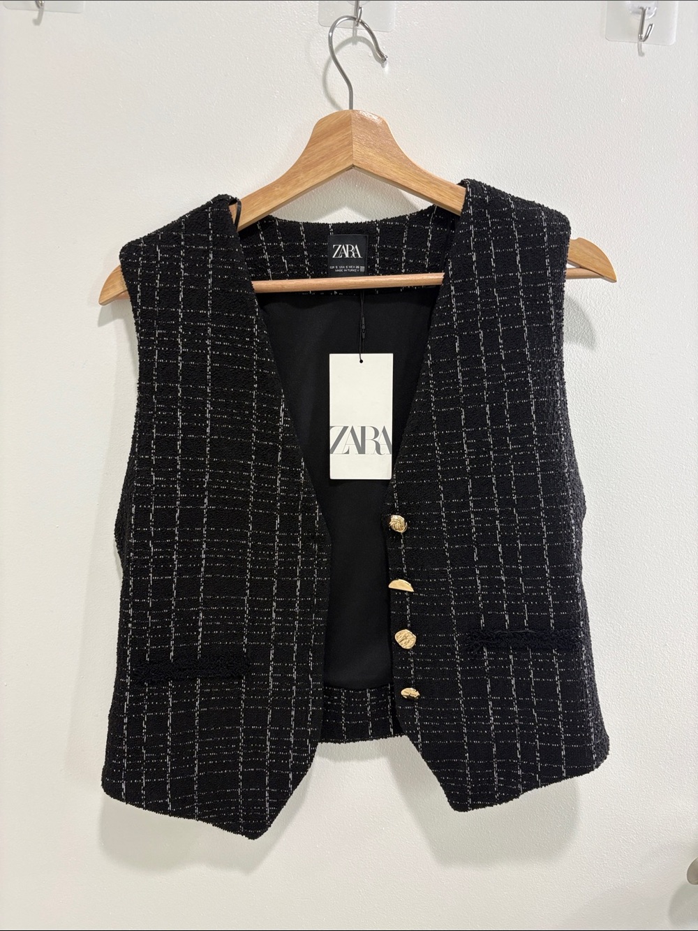 Zara Black Tweed Vest with White Windowpane and Gold-Tone Buttons